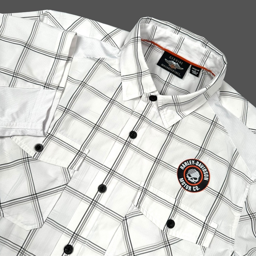 Harley-Davidson Shirt Mens L White Plaid Willie G Skull Mesh Vented Short Sleeve